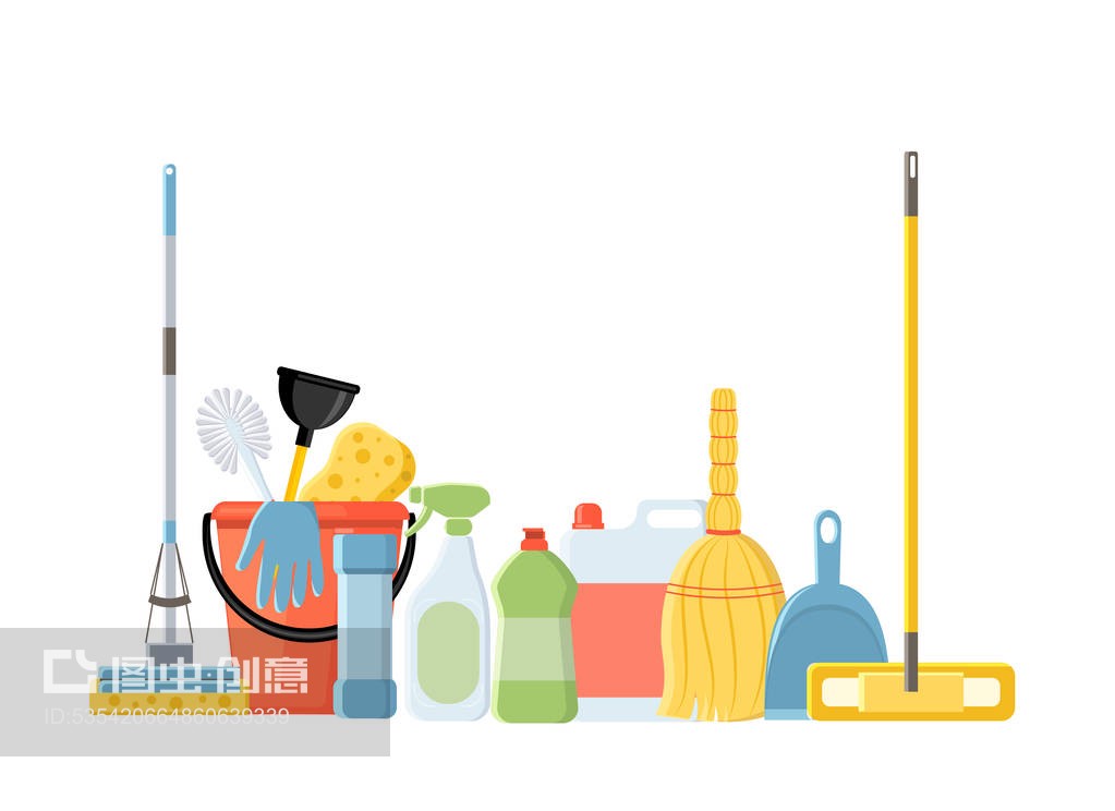 平面卡通風(fēng)格矢量插圖隔離的清潔工具Cleaning tools in flat cartoon style vector illustration isolate